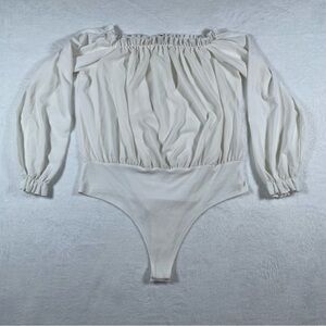 Boohoo Womens Sz 14 Ivory Bardot Off the Shoulder Bodysuit Crepe Long Slv Cream